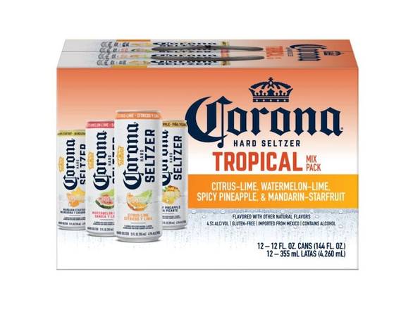 Order Corona Hard Seltzer Tropical Mix Variety Pack Gluten Free Spiked Sparkling Water - 12x 12oz Cans food online from Dallas Fine Wine & Spirits Shoppe store, Dallas on bringmethat.com