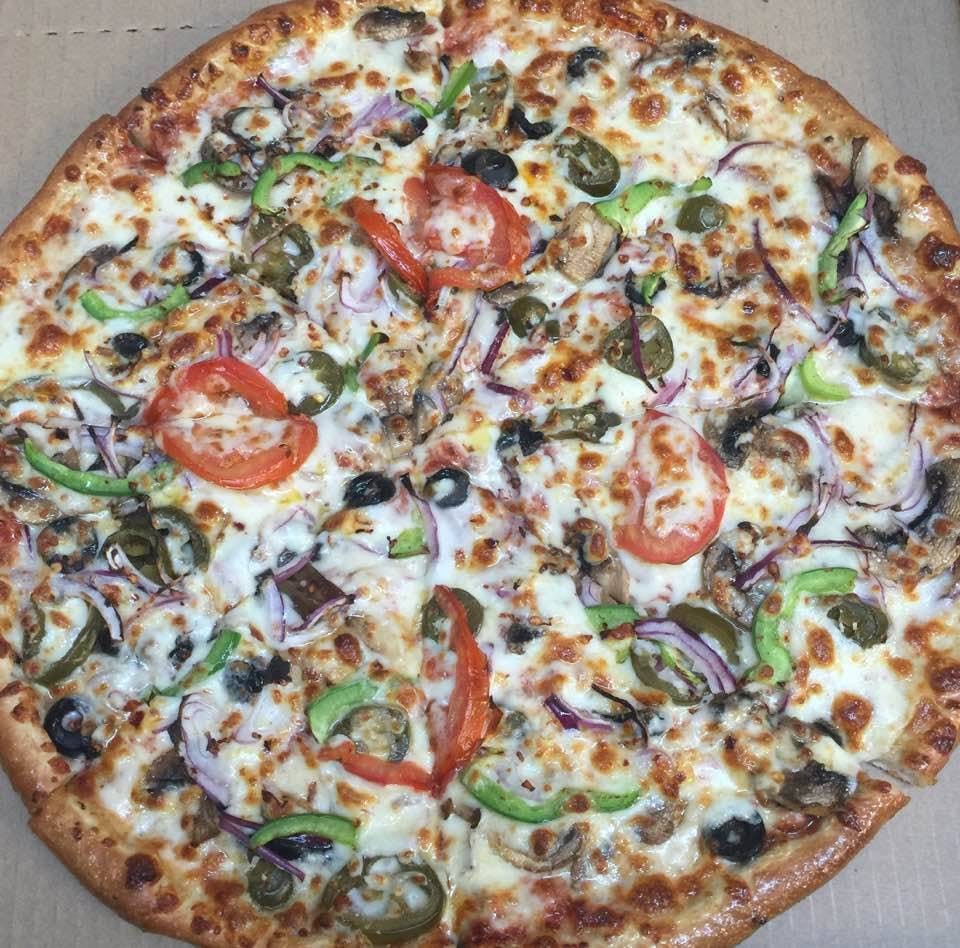 Order The Works Pizza - Large 14'' (8 Slices) food online from Olives Pizza Inc. store, Stafford on bringmethat.com