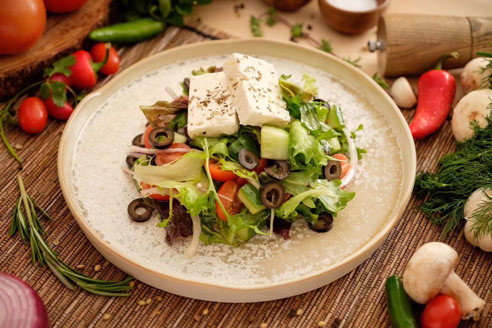 Order Greek Salad food online from Jibek Jolu store, Glenview on bringmethat.com