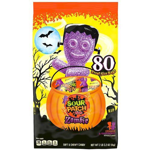 Order Sour Patch Kids Zombie Orange and Purple Halloween Candy, Large Bag - 0.44 oz x 80 pack food online from Walgreens store, League City on bringmethat.com