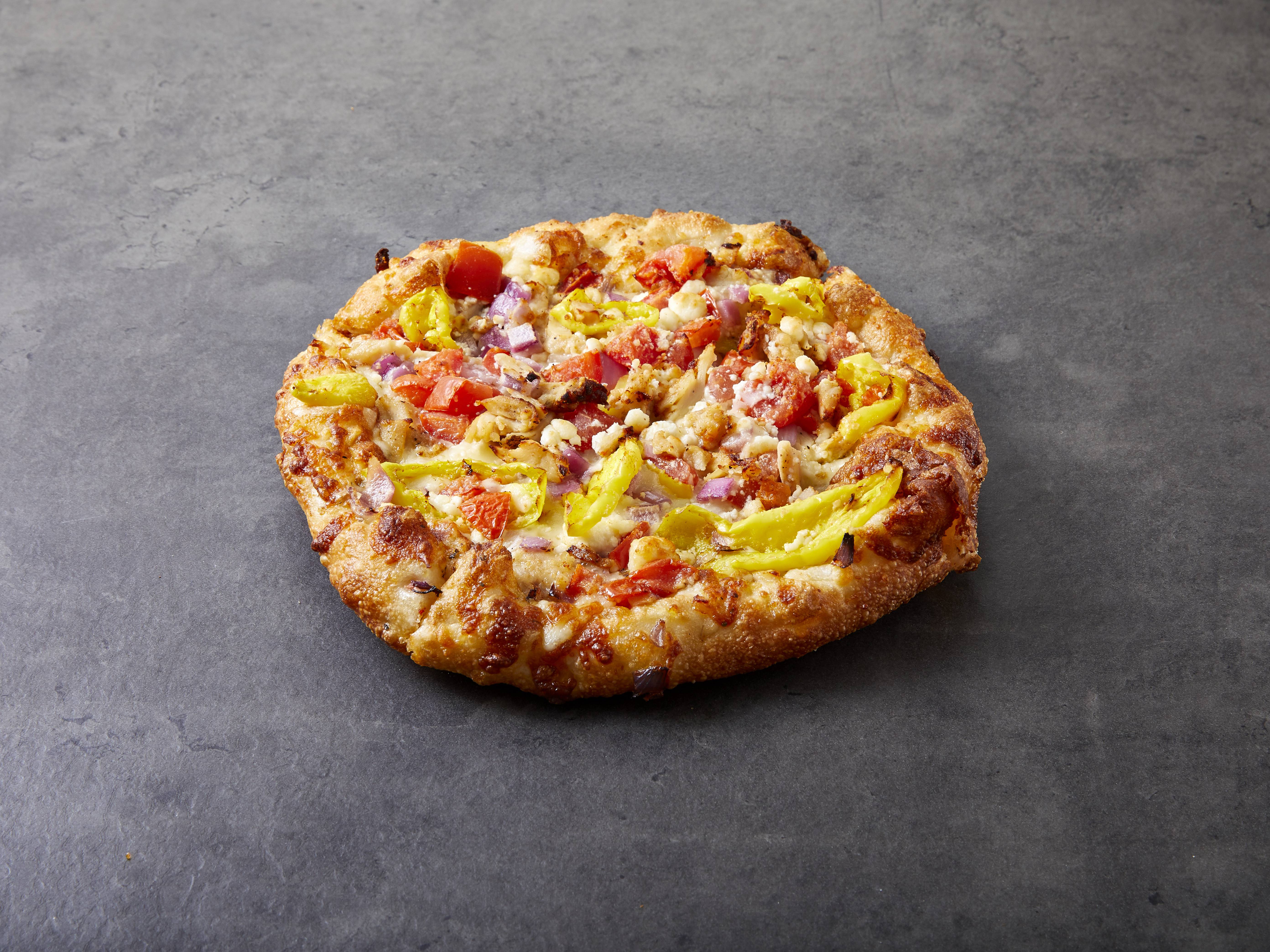 Order Chicken Mediterranean Round Crust Pizza food online from Papa Romano's store, Troy on bringmethat.com