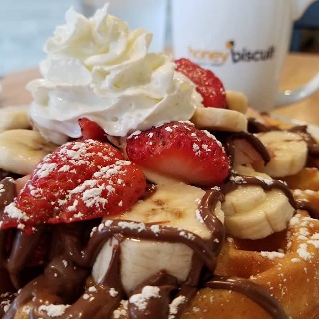 Order Strawberry Nutella Waffle food online from Honey Biscuit Breakfast & Lunch store, Mount Prospect on bringmethat.com