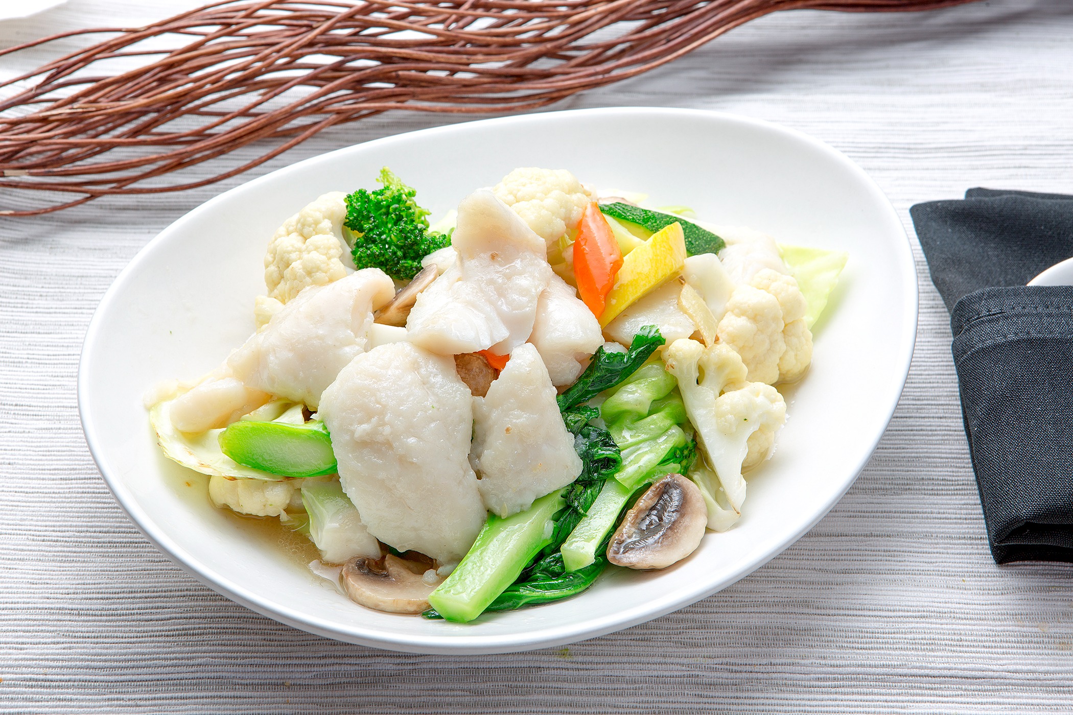 Order White Fish Fillet with Asparagus food online from Wokcano - Valencia store, Valencia on bringmethat.com