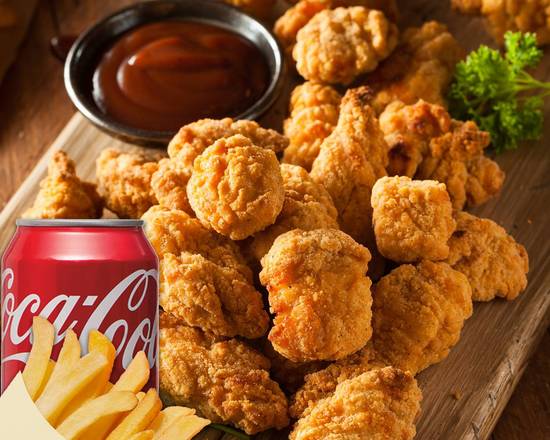 Order 25 Pcs Popcorn Chicken with Fries & Soda food online from Crown Fried Chicken store, Upper Darby on bringmethat.com