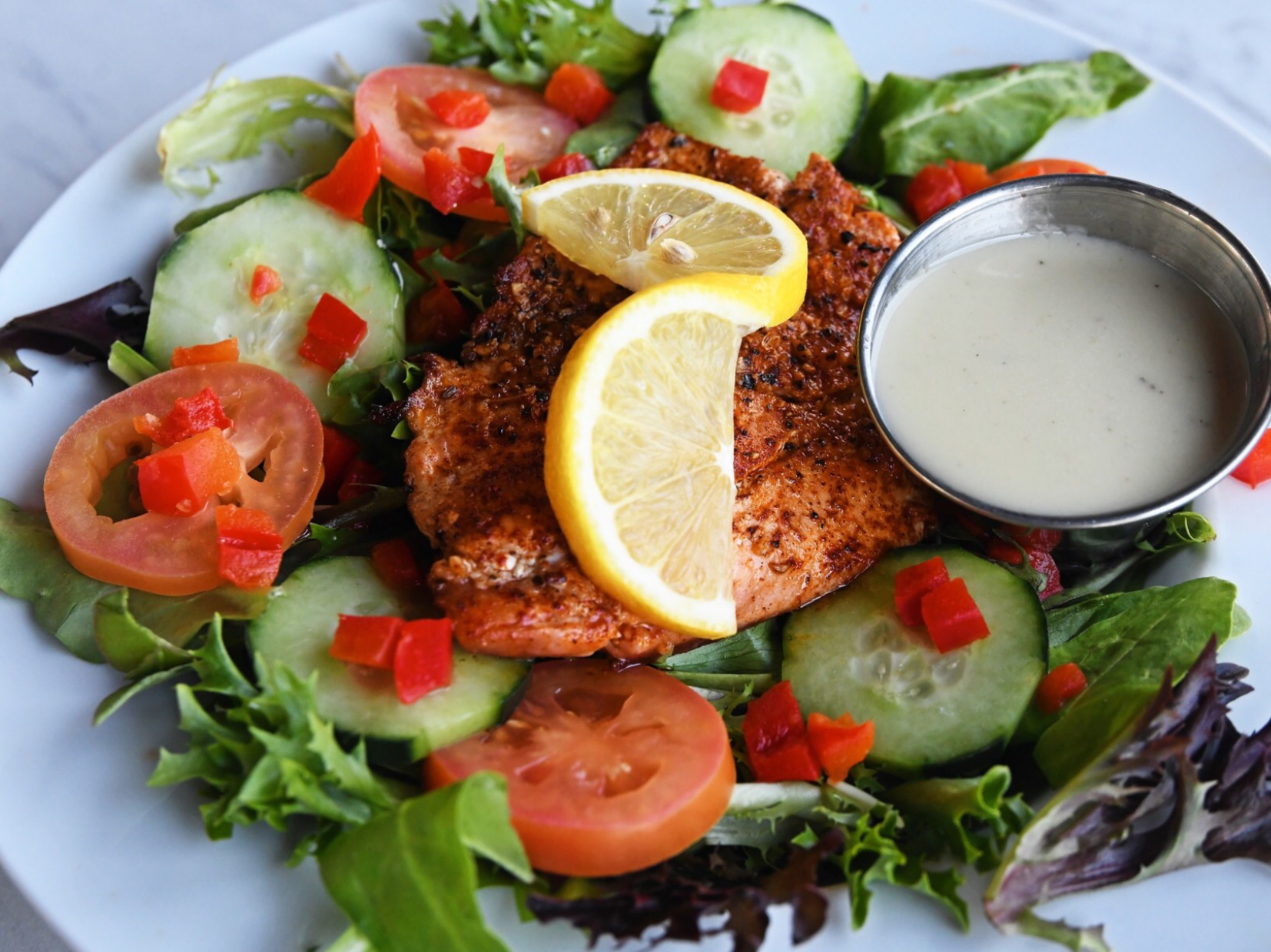 Order Wood-Fired Salmon Salad food online from Milano’s Pizzeria store, Mesa on bringmethat.com