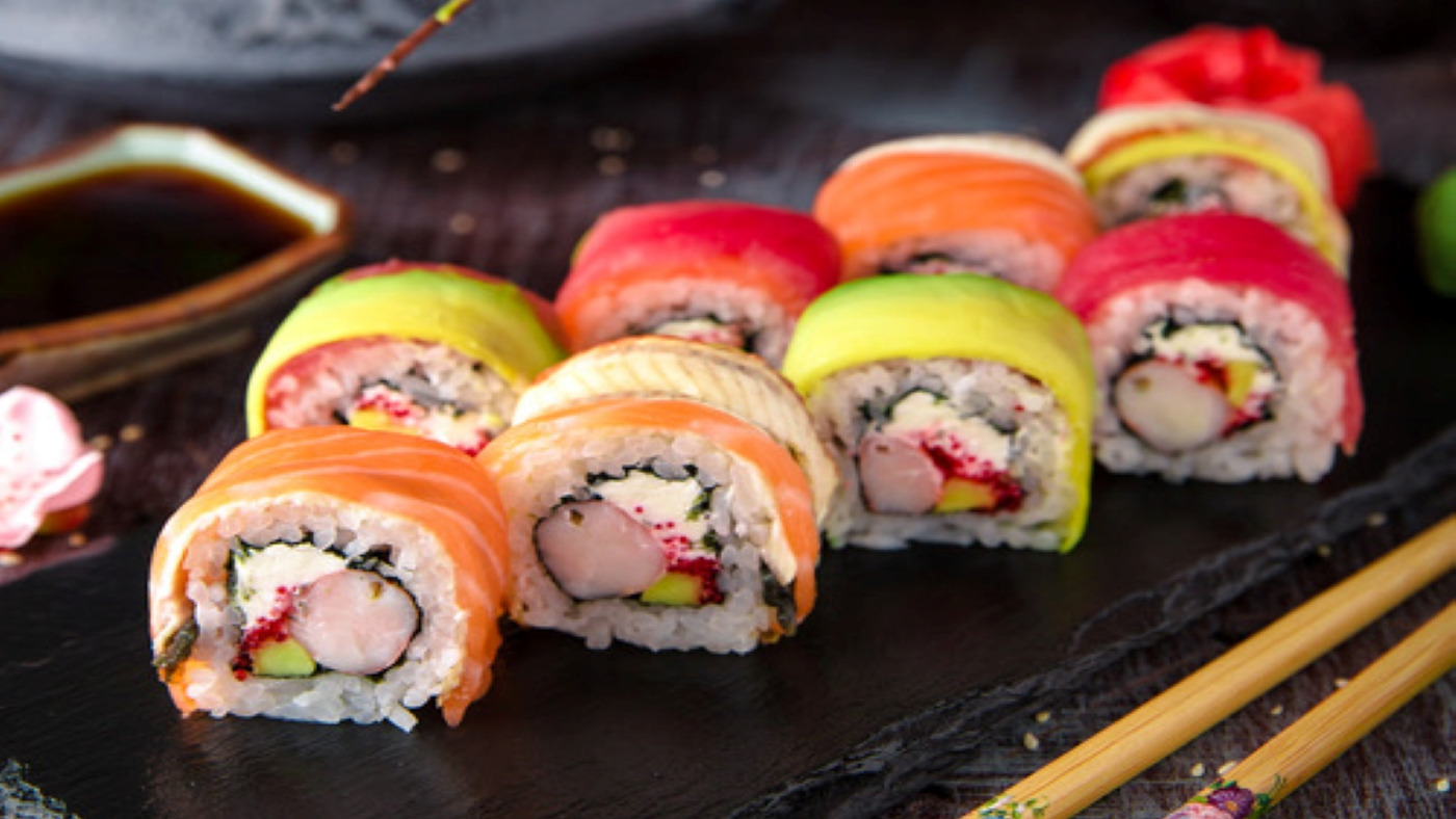 Order Rainbow Roll food online from Miyabi Sushi store, Gardena on bringmethat.com