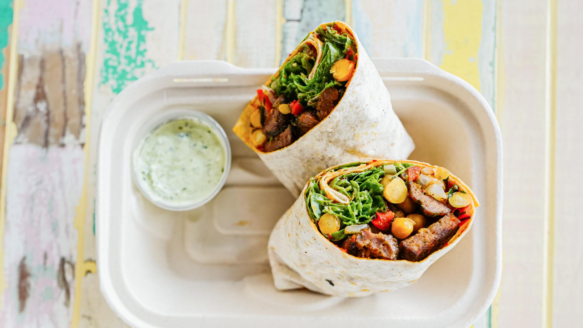 Order Butcher's Kofte (Meatball) Wrap food online from Saucy Greens Salad Shop store, San Francisco on bringmethat.com