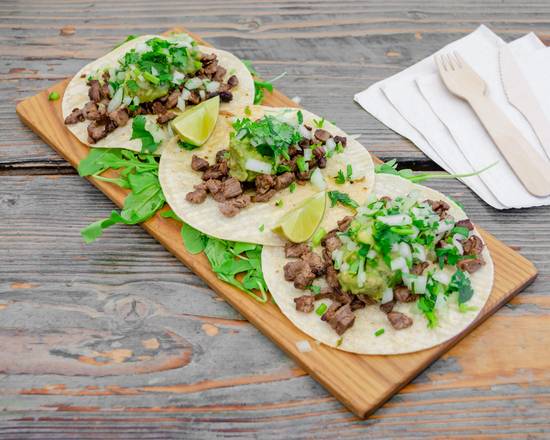 Order Carne Asada Tacos (3 pcs) food online from The Plank Pizza Co Beer Parlor store, Saddle Brook on bringmethat.com
