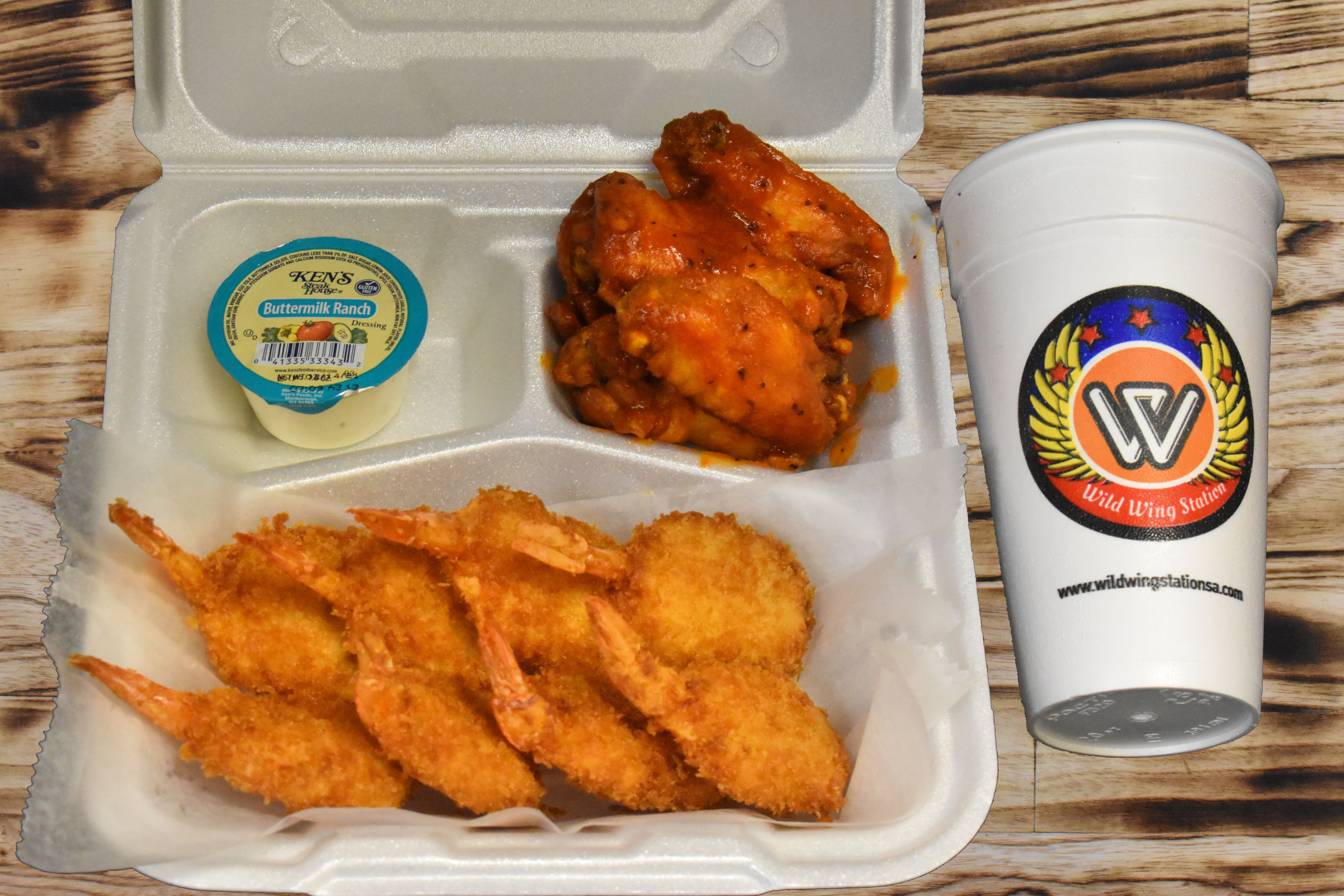 Order 8 Piece Shrimp with 5 Piece Wings and Drink food online from Wild Wing Station store, San Antonio on bringmethat.com