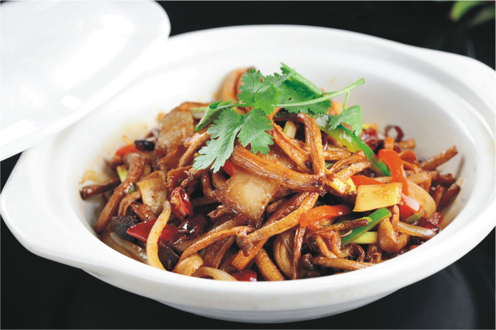 Order Stir Fry Bacon with Tea Plant Mushroom food online from Xun Yu Si Kao store, Edison on bringmethat.com
