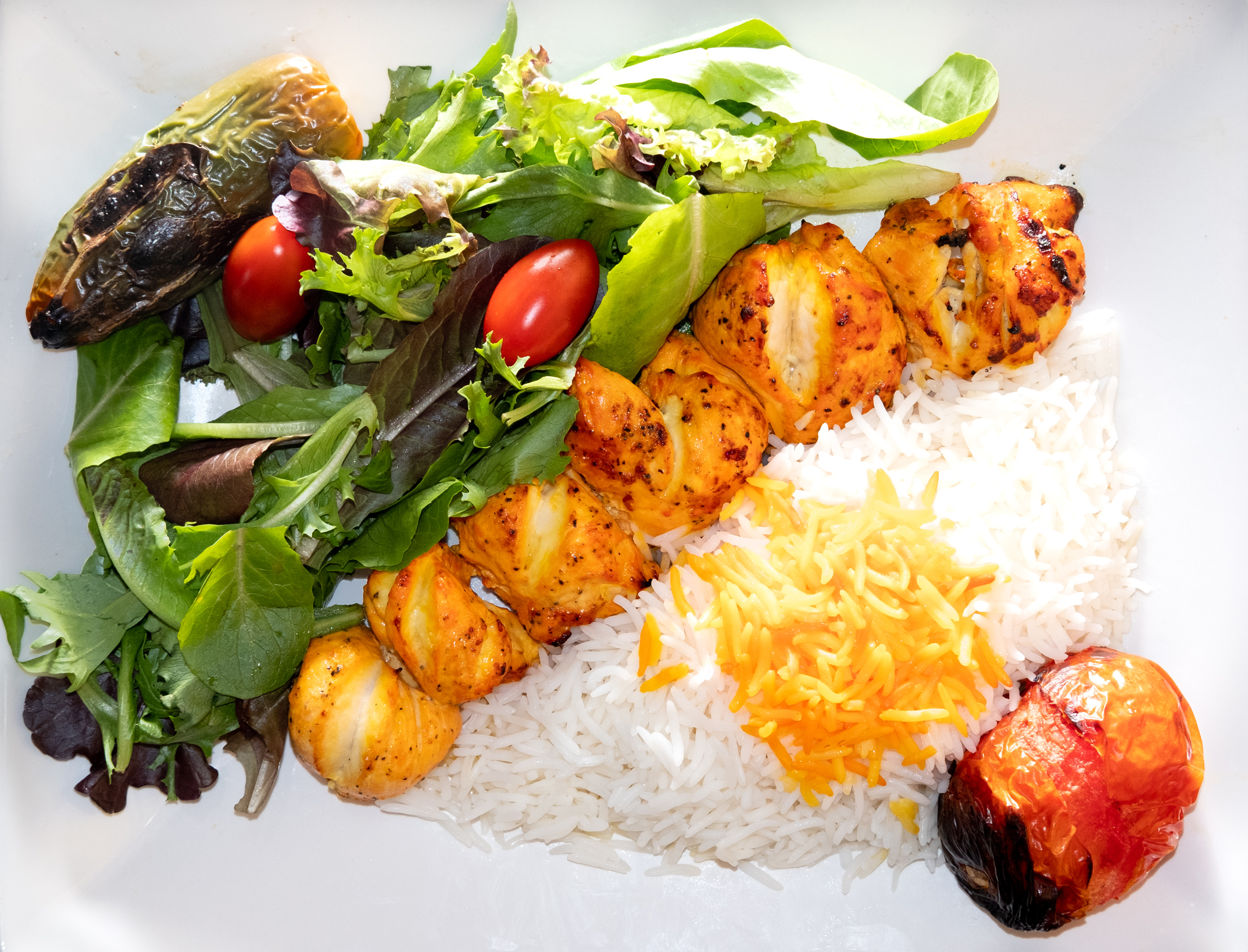 Order 1. Boneless Chicken Kabob Plate (white meat) food online from Shayan Express store, Los Angeles on bringmethat.com
