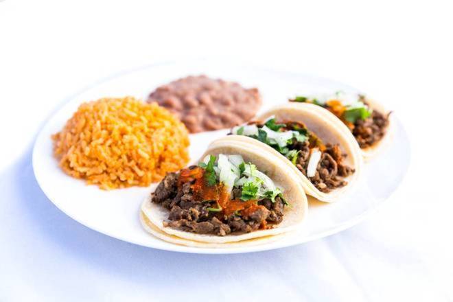 Order Three Taco Combo food online from Tacos La Villa Mexican Grill store, Bakersfield on bringmethat.com