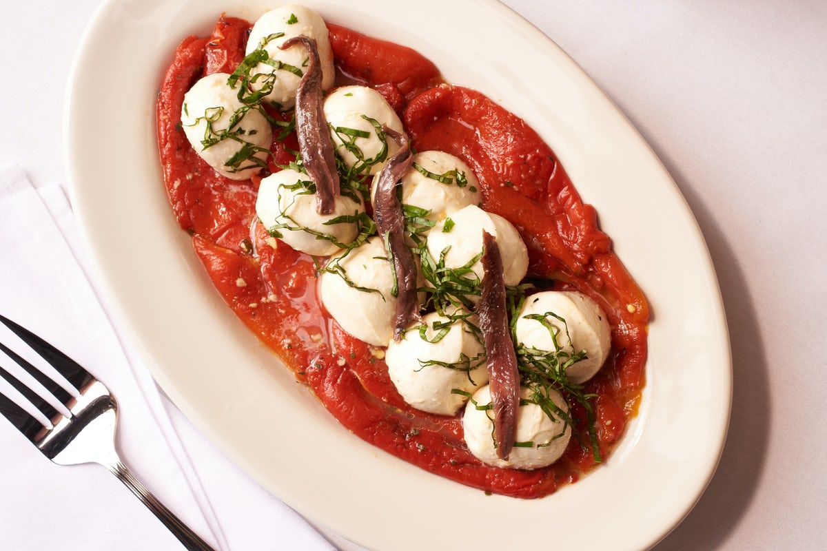 Order Roasted Peppers, Mozzarella w/ Anchovy food online from Carmine store, Las Vegas on bringmethat.com
