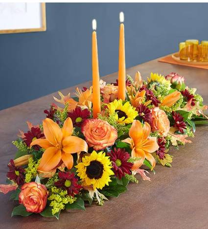 Order THANKSGIVING XL CENTERPICE FULL OF FLOWERS  food online from Eugenia Flowers store, Cicero on bringmethat.com