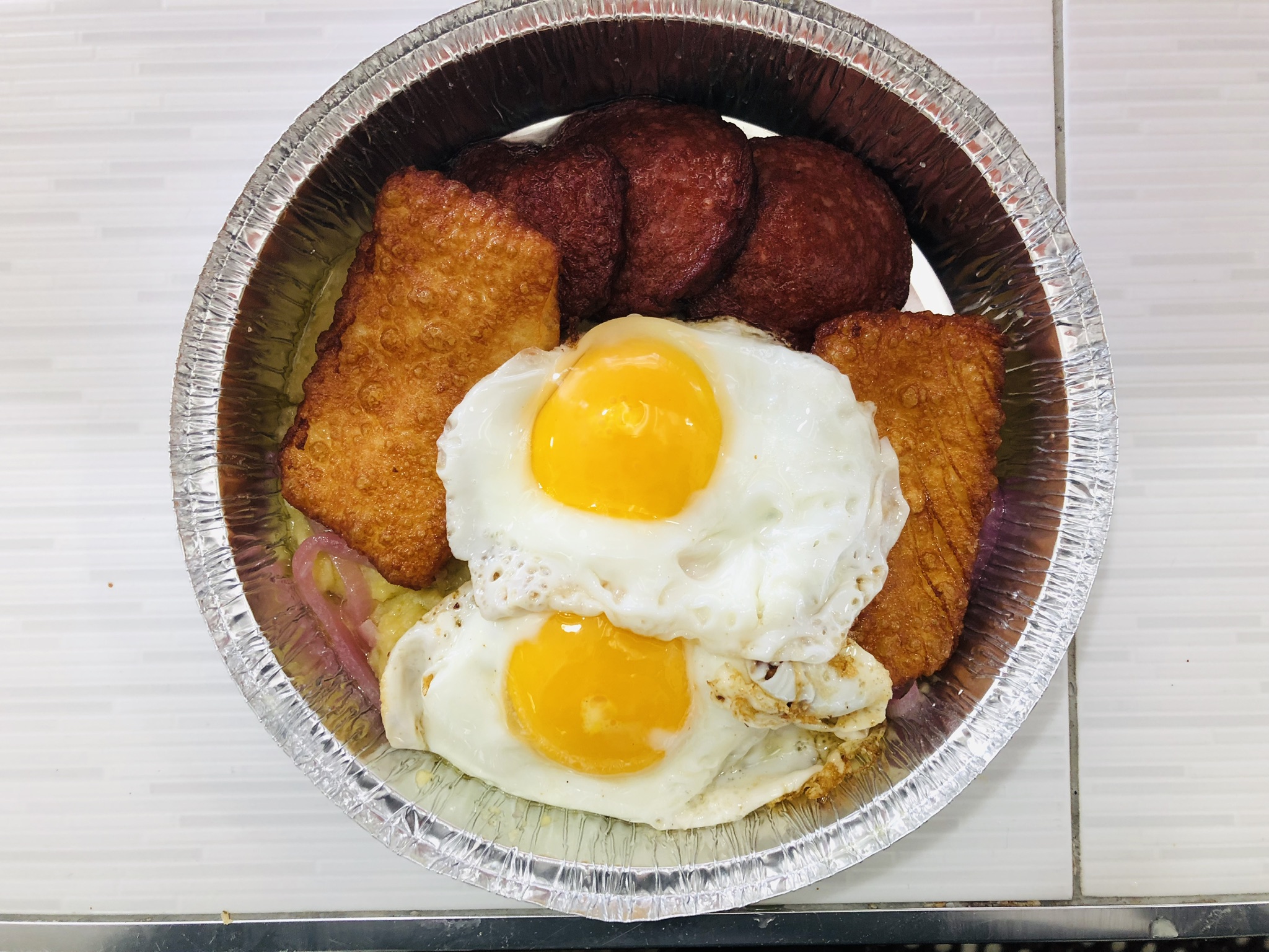 Order Large mangu con los tres golpes  food online from Johnny's Pizza Diner store, Bronx on bringmethat.com