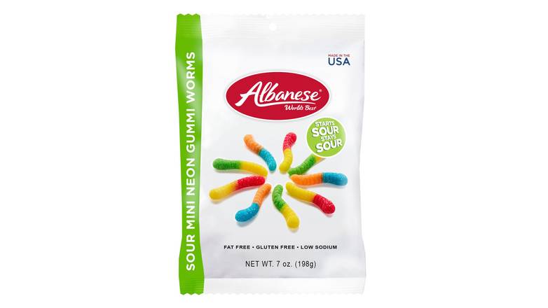 Order Albanese Fat-Free Gluten-Free Mini Sour Neon Gummi Worms 7 Oz food online from Valero Food Mart store, Murrayville on bringmethat.com