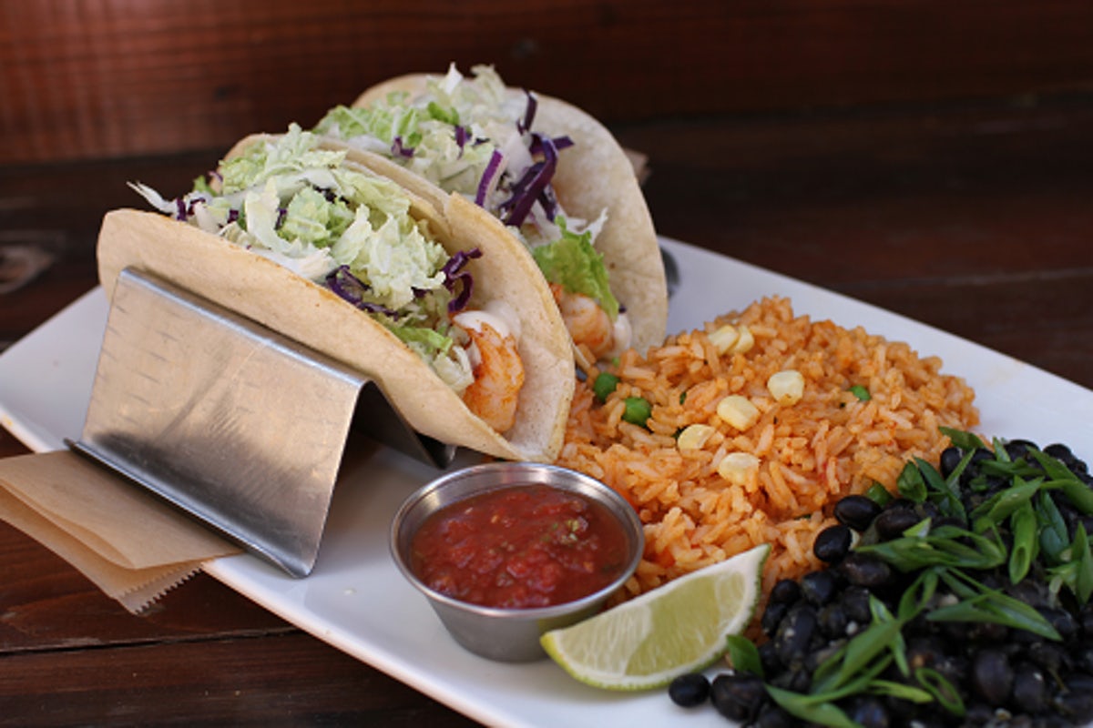 Order Grilled Shrimp Tacos food online from Lazy Dog store, Rancho Cucamonga on bringmethat.com