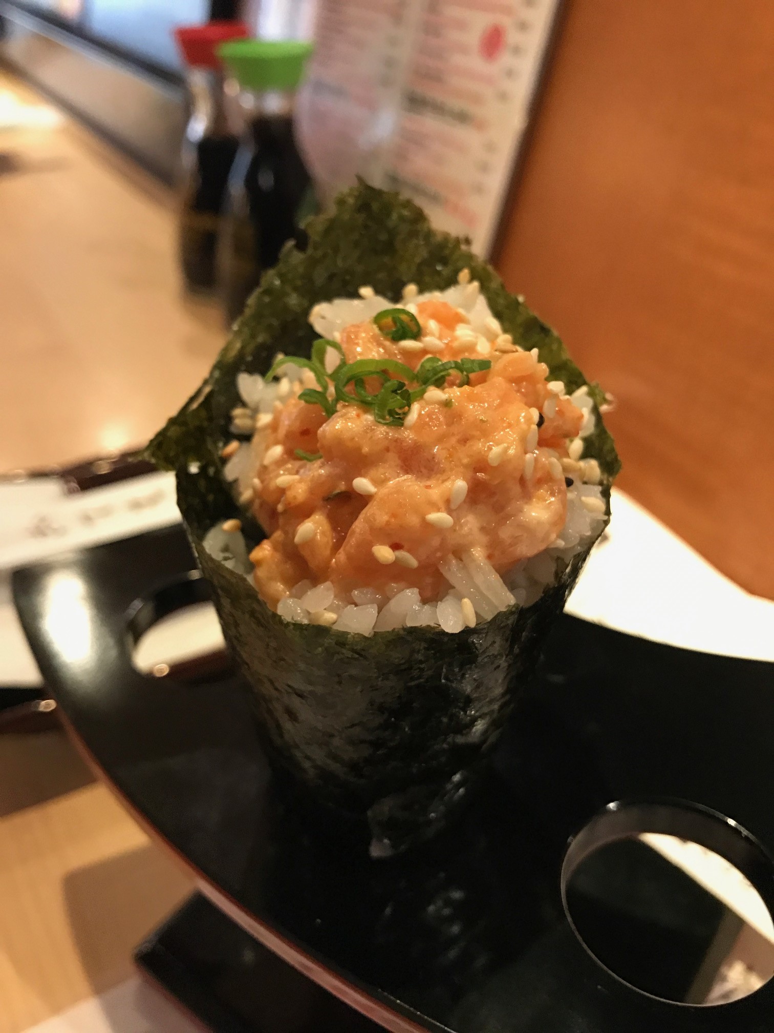 Order H5. Spicy Salmon Hand Roll food online from Sushi One store, Reno on bringmethat.com