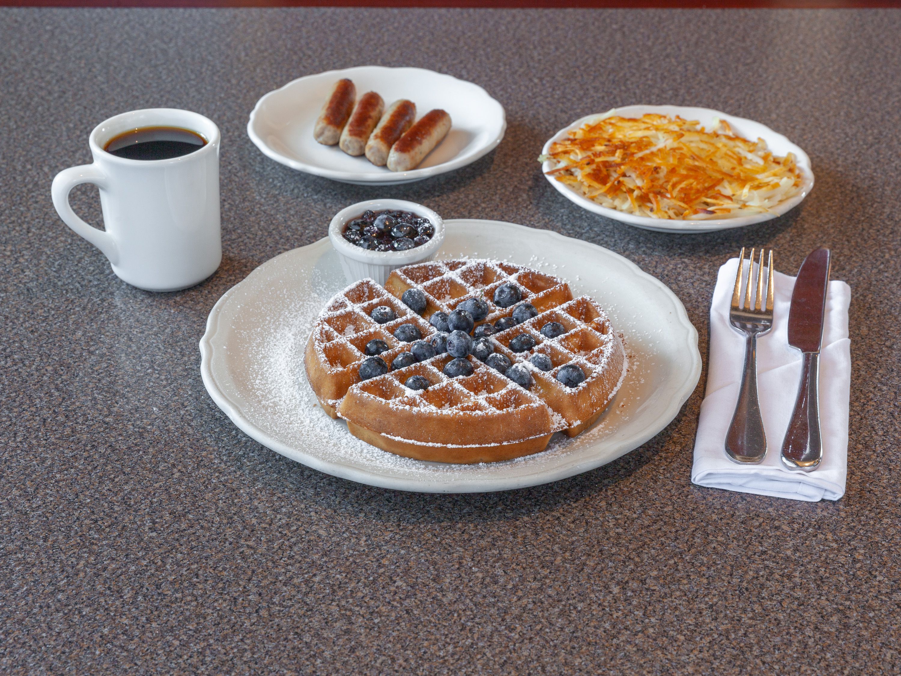 Order Blueberry Waffle food online from Richard Walker's Pancake House store, Crystal Lake on bringmethat.com