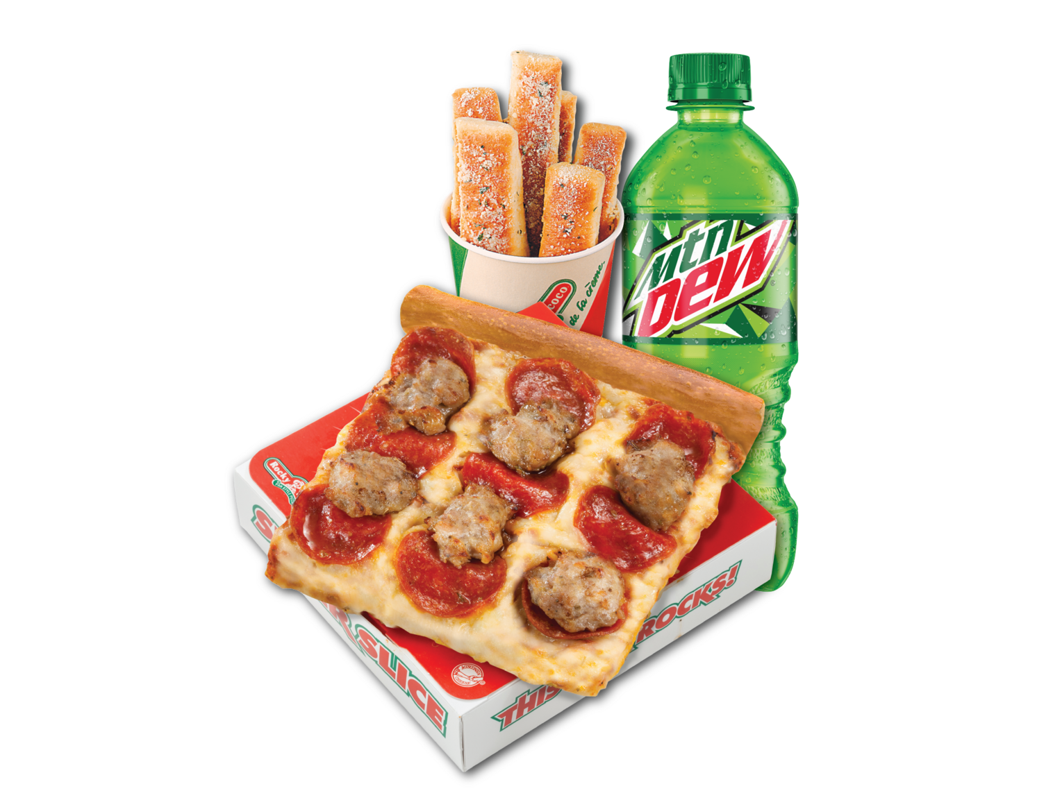 Order Sausage And Pepperoni Super Slice, Breadsticks, Drink Combo food online from Rocky Rococo store, Fond du Lac on bringmethat.com