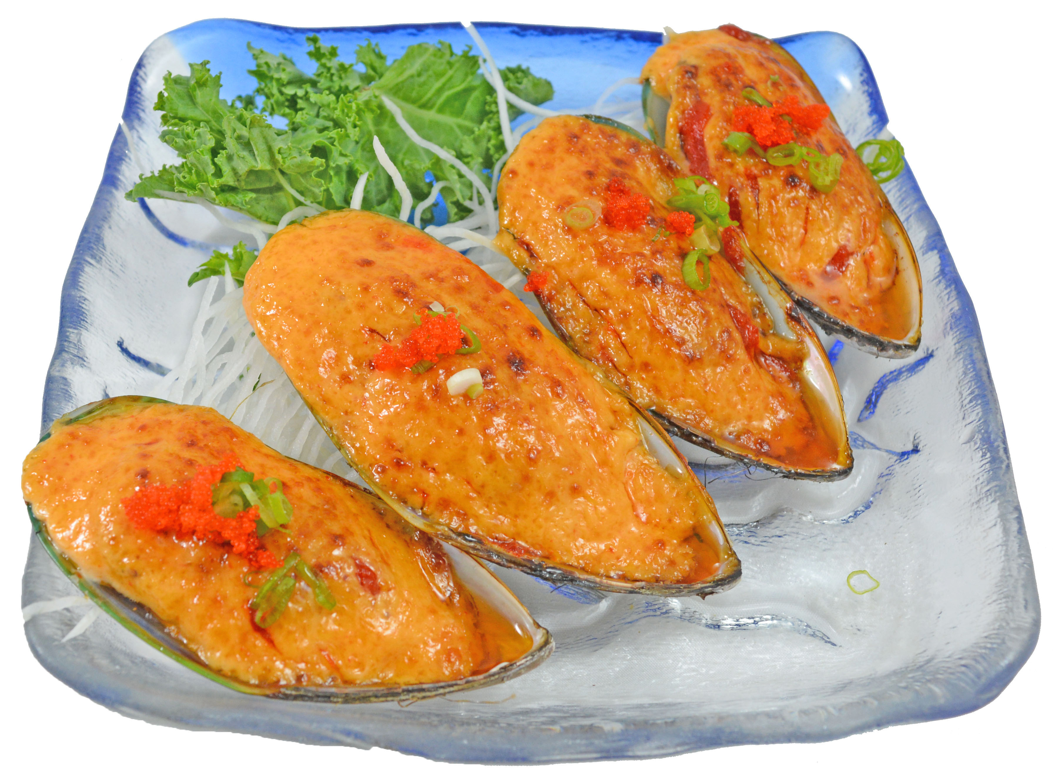 Order Baked & Spicy Mussels (4pcs) food online from Toyama Sushi store, Everett on bringmethat.com