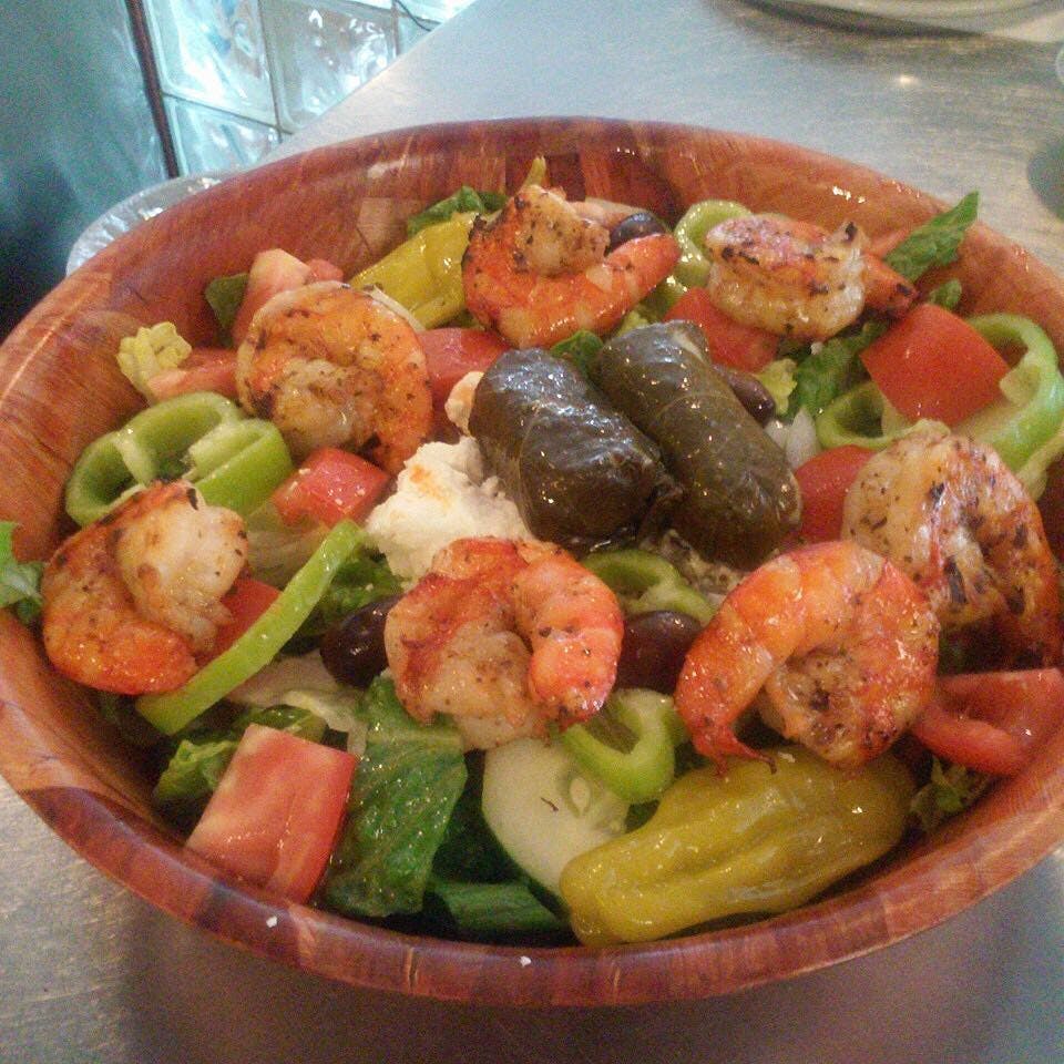 Order Greek Salad with Grilled Shrimp - Small food online from Mykonos Restaurant store, North Arlington on bringmethat.com
