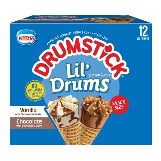 Order Drumstick Lil' Drums Vanilla and Chocolate with Chocolatey Swirls Sundae Cones, 12 Count food online from CVS store, SAN ANTONIO on bringmethat.com