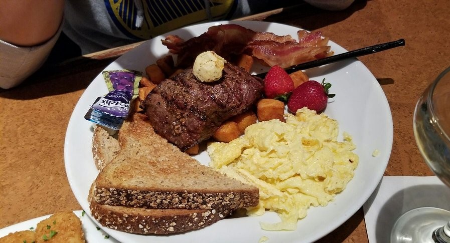 Order Flat Iron Steak and Eggs Plate Breakfast food online from Wichit store, Boston on bringmethat.com