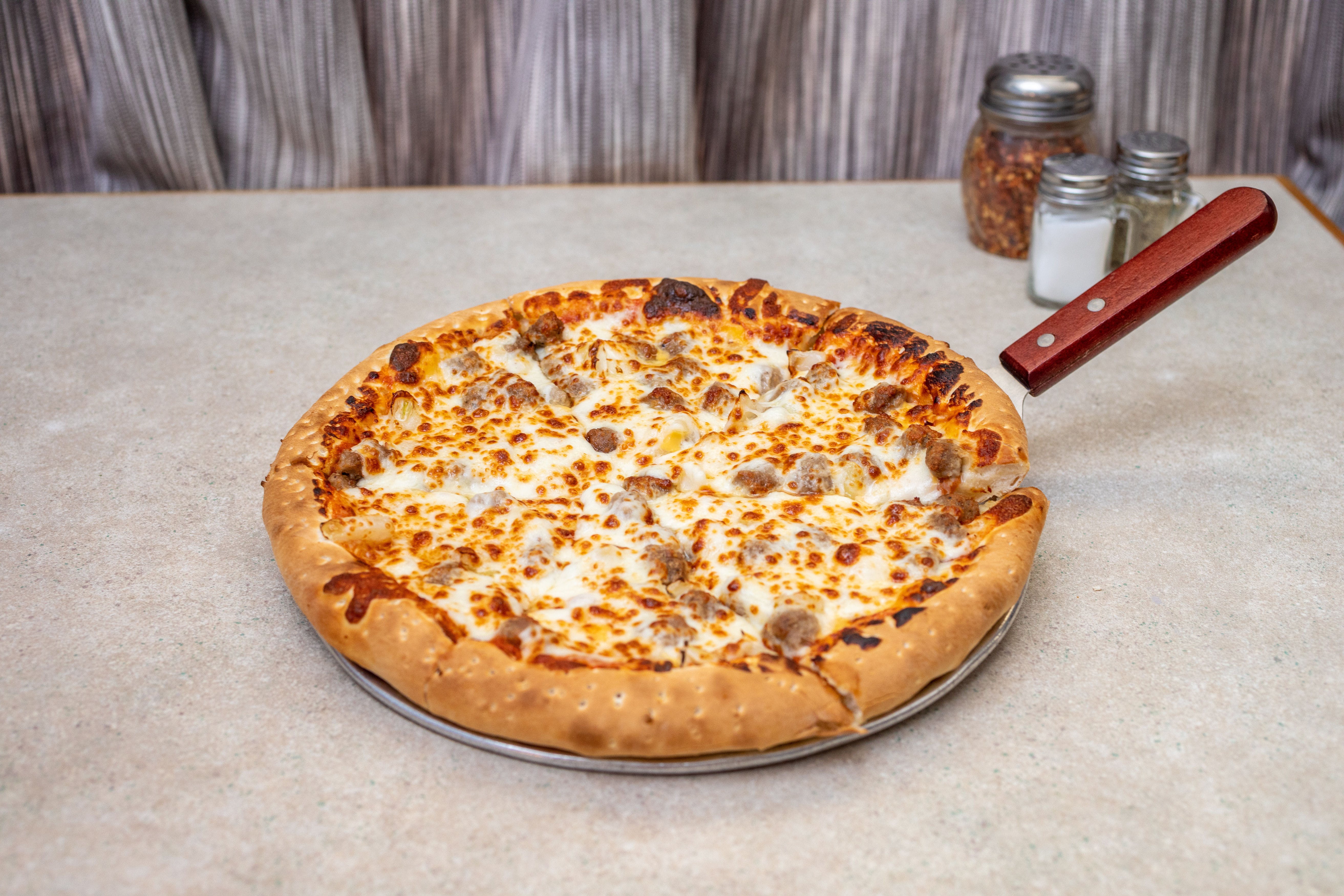 Order Cheeseburger Pizza - Mini 7" food online from Saucy's Pizza store, Littleton on bringmethat.com