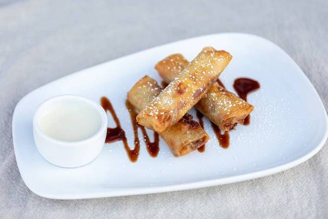 Order Fried Banana Spring Rolls with Coconut Cream and Chocolate Dipping Sauces food online from Gingergrass store, Los Angeles on bringmethat.com
