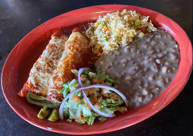 Order 2 Enchiladas with rice and beans food online from El Michoacano store, Hollister on bringmethat.com