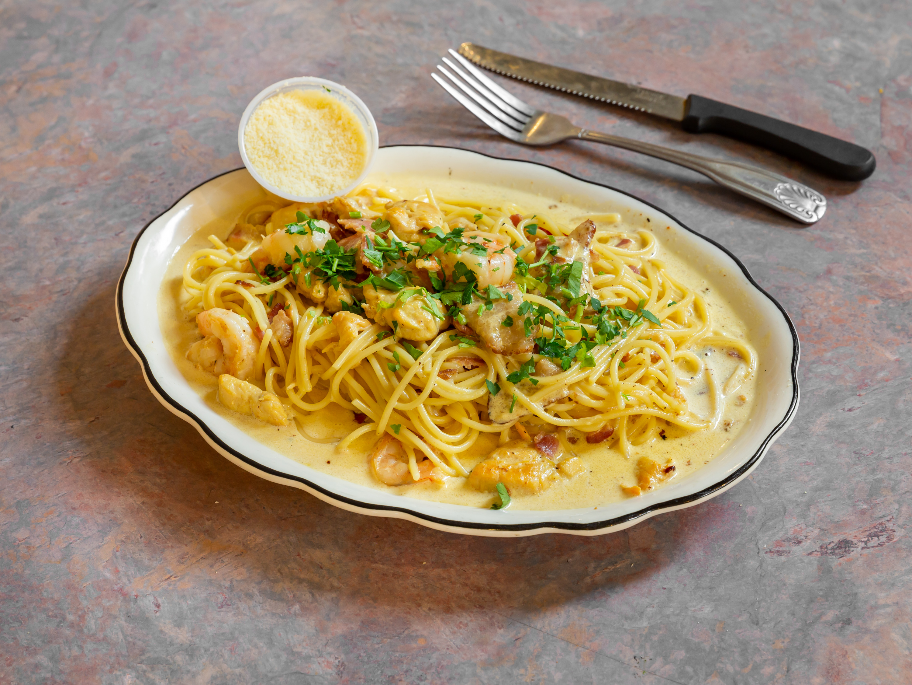 Order Chicken and Shrimp Carbonara food online from Oliveiras Peabody store, Peabody on bringmethat.com