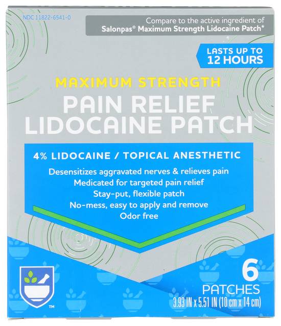 Order Rite Aid Pharmacy Maximum Strength Pain Relieving Patch 4% Lidocaine Unscented (6 ct) food online from Rite Aid store, Lockport on bringmethat.com