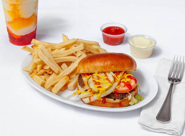 Order Single Burger with Fries food online from Baba's Famous Steak and Lemonade store, Carol Stream on bringmethat.com