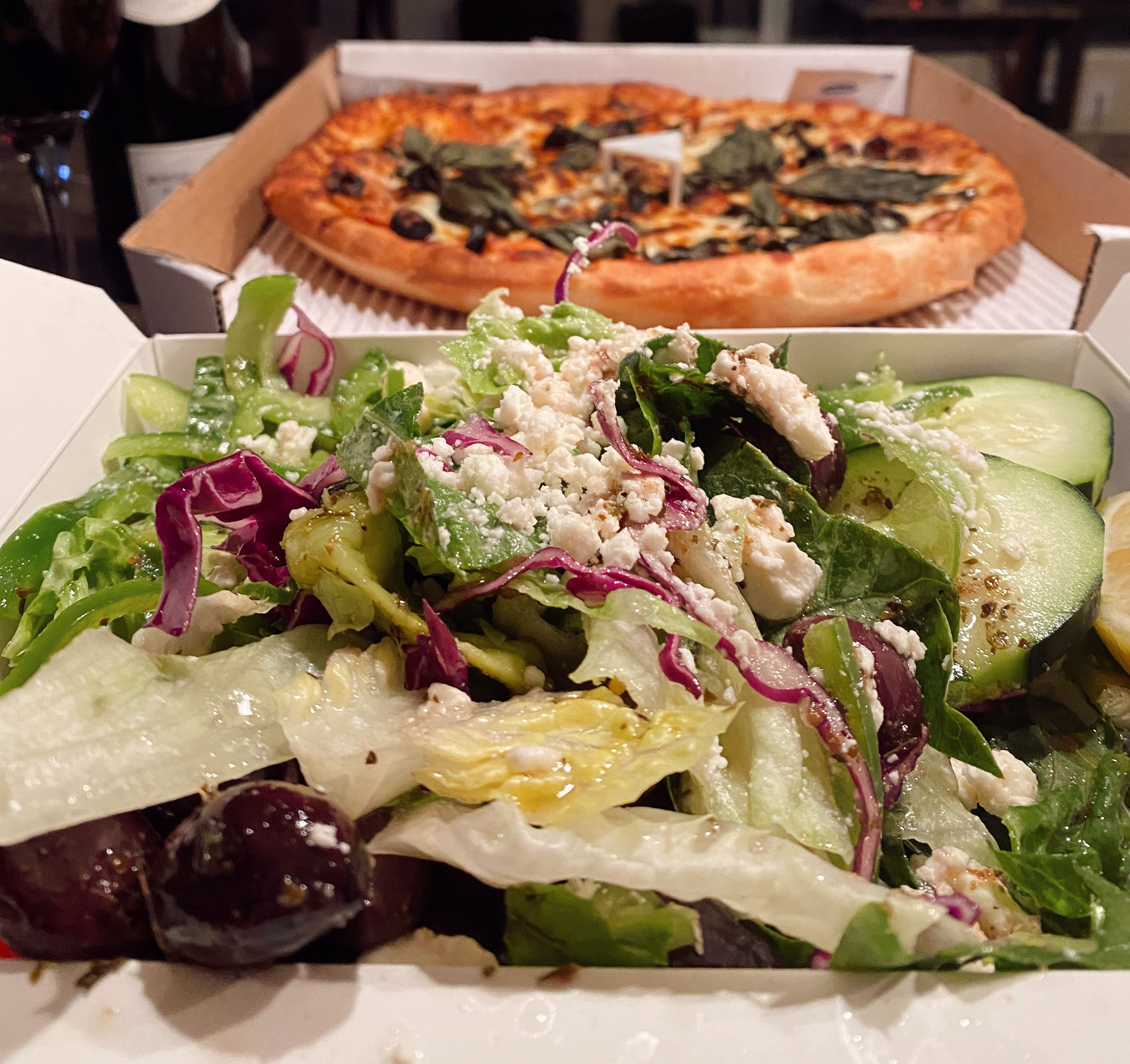 Order Greek Salad (GF) food online from Razzis Pizzeria store, Seattle on bringmethat.com
