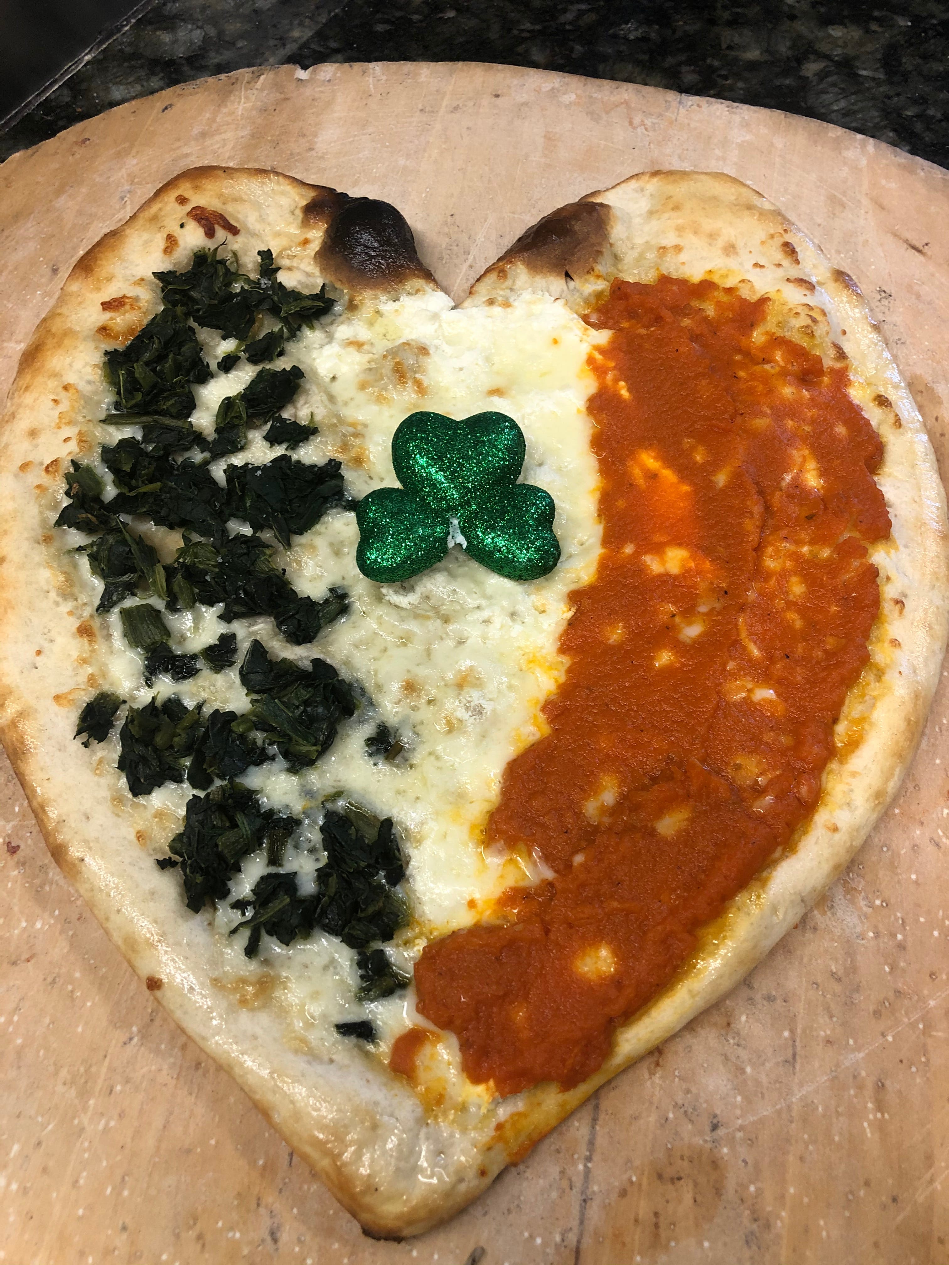 Order 1 Large Heart Shaped Pesto Crust Irish ☘️ Pizza Special - Special food online from Vinnie's Pizzeria Ristorante store, Boonton on bringmethat.com