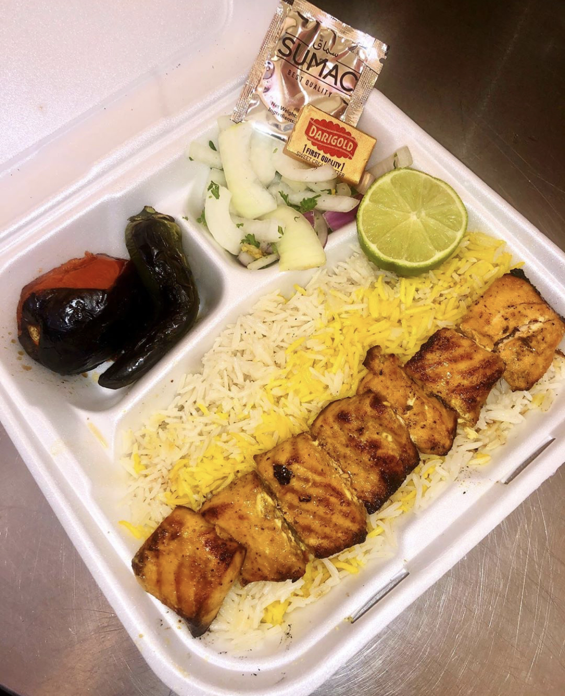 Order 16. Salmon Fish with Rice food online from Dream Kabob House store, Los Angeles on bringmethat.com