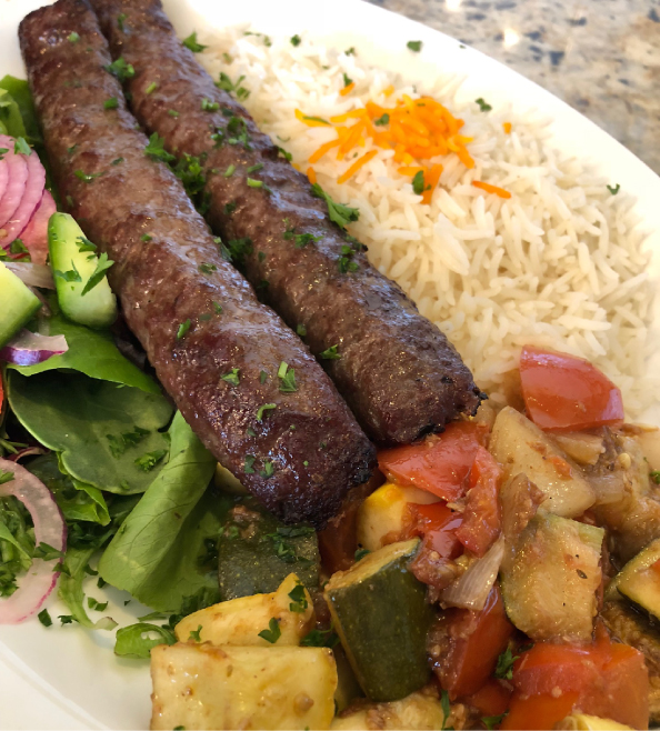 Order Ground Sirloin Kabob Plate food online from Off The Boat Fish Grill store, Tustin on bringmethat.com