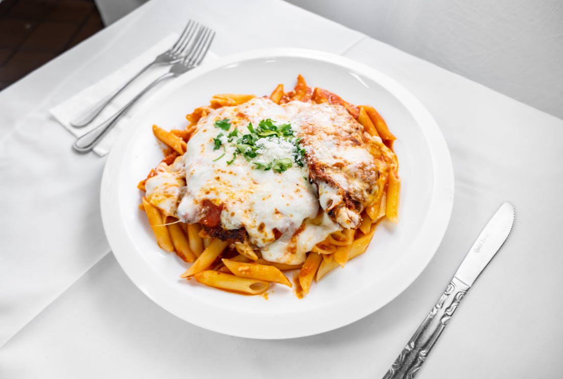 Order Chicken Parmigiana Pasta Lunch - Entree food online from Alessios Seafood Grille store, Warrington on bringmethat.com