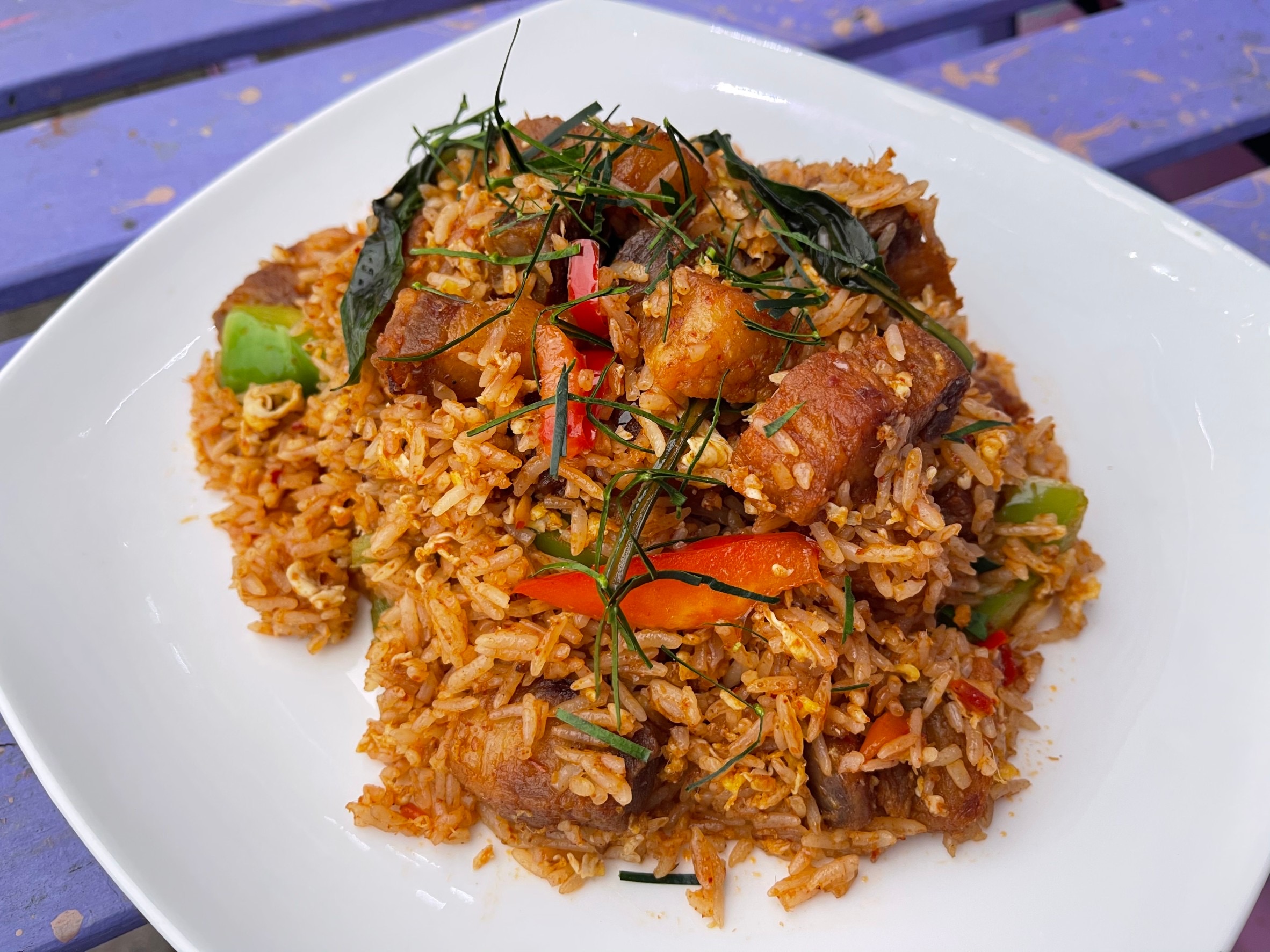 Order Tom yum fried rice with crispy pork belly  food online from Taan Thai store, Bergenfield on bringmethat.com