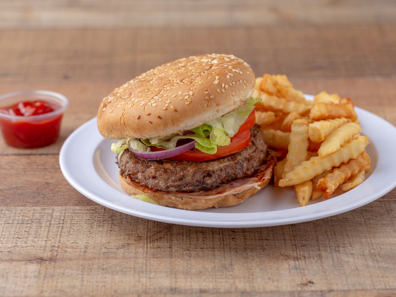 Order Hawaiian Burger with Fries food online from Peppoli's Pizza & Philly Steaks store, San Diego on bringmethat.com