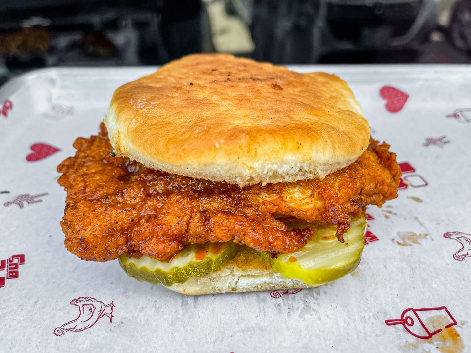Order Hot Chicken Sandwich (Biscuit) food online from The Waffle Bus store, Houston on bringmethat.com