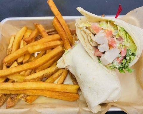 Order The Quarter Chicken Wrap food online from The Quarter Bar & Grill store, Addison on bringmethat.com