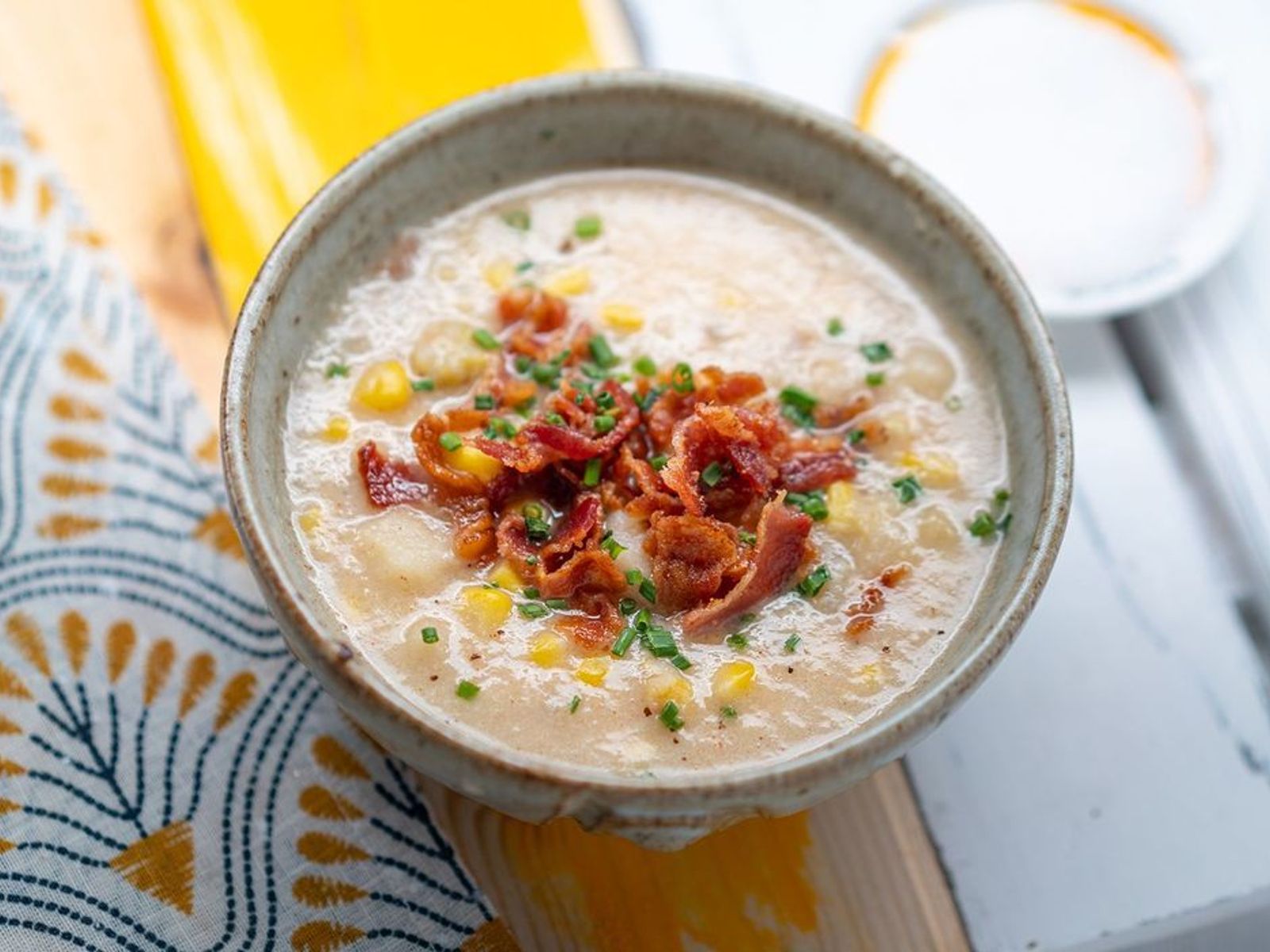 Order Corn Chowder With Chive + Bacon food online from Cheebo store, Culver City on bringmethat.com