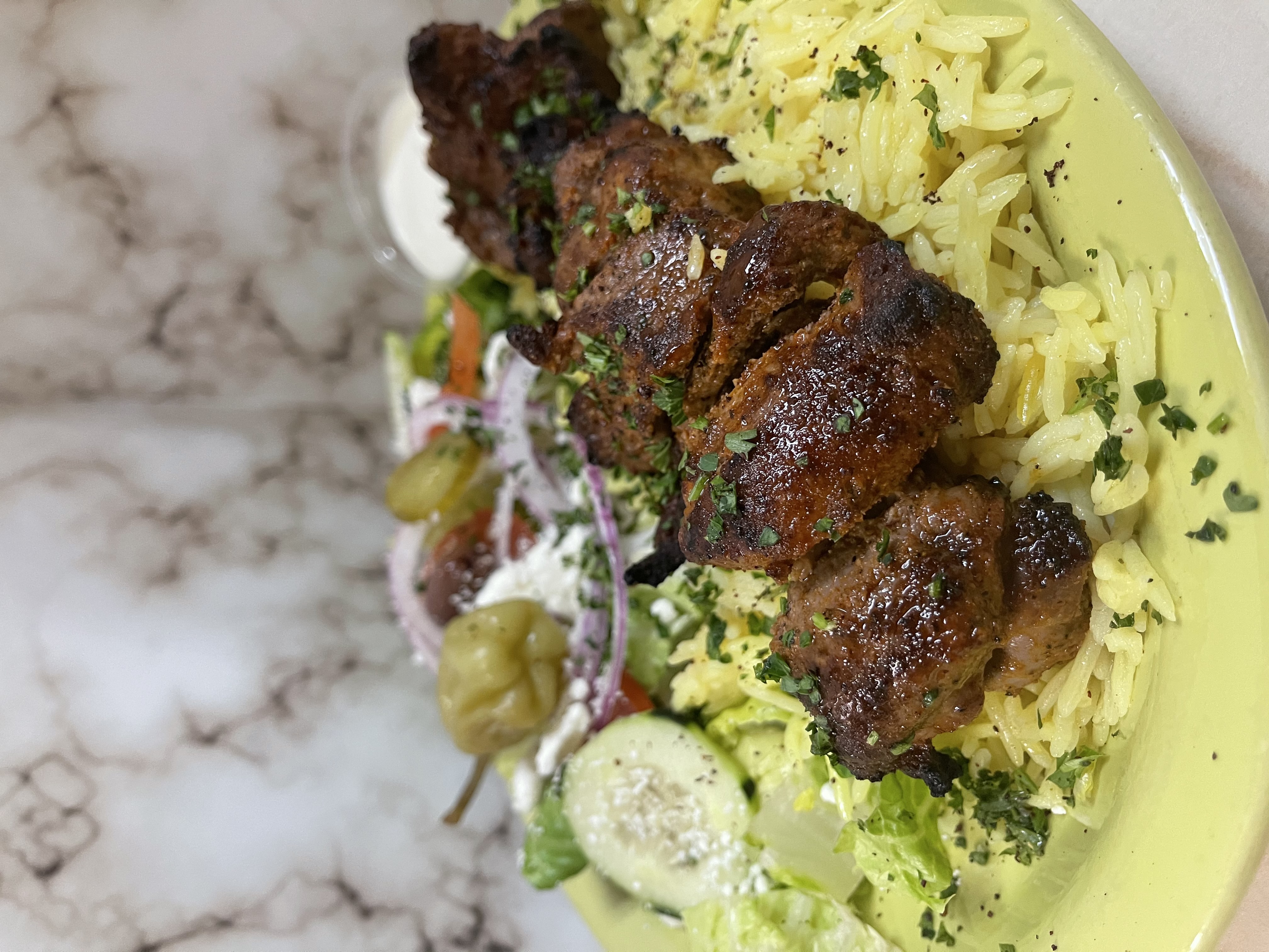 Order Lamb Kabob Plate food online from Yasmine Cafe store, Albuquerque on bringmethat.com