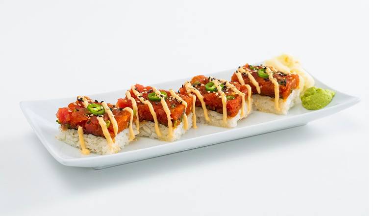 Order Spicy Tuna Pressed Sushi food online from Pokeworks store, El Paso on bringmethat.com