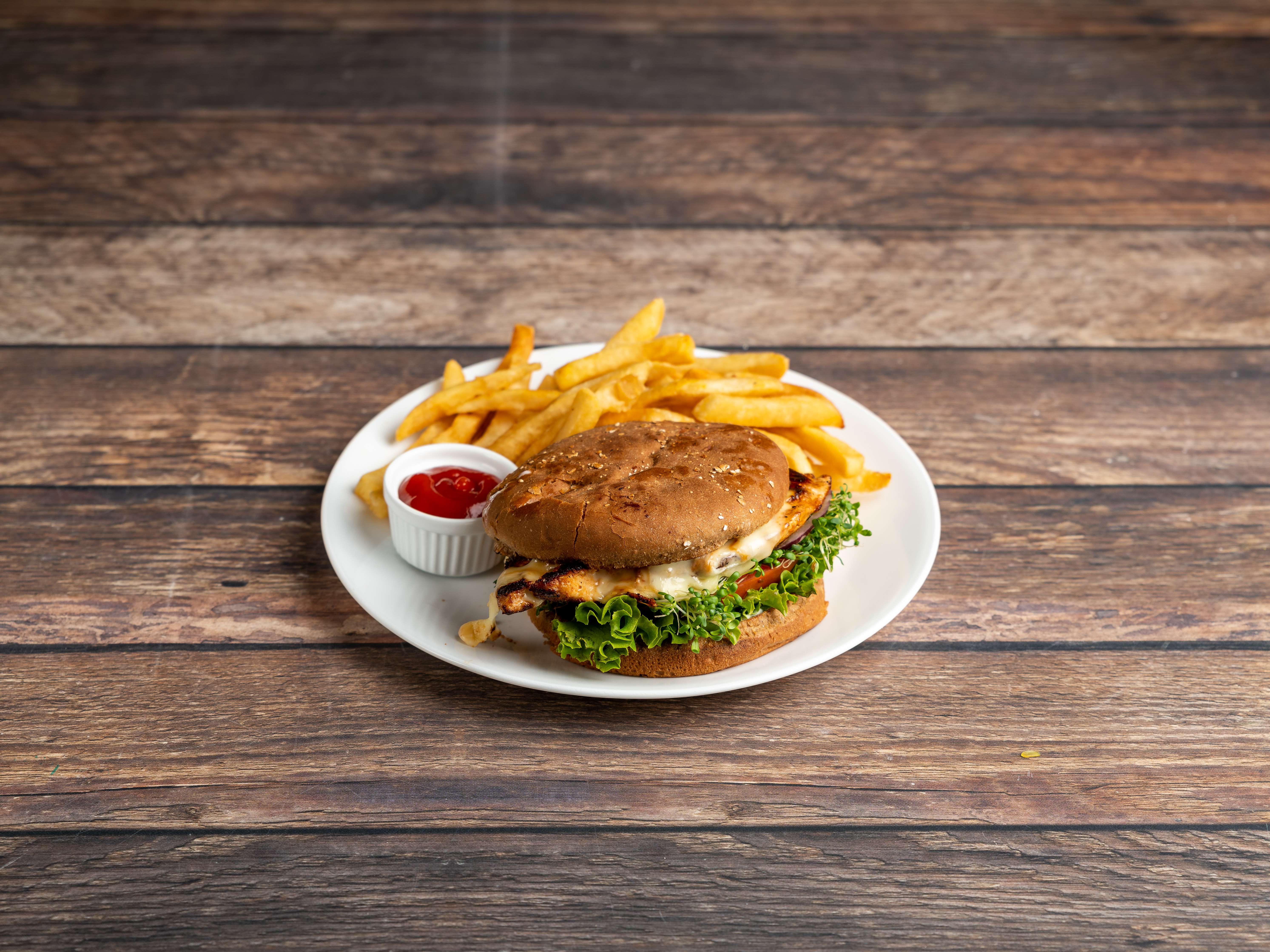 Order Chicken Club Burger food online from Crest Cafe store, Riverside on bringmethat.com
