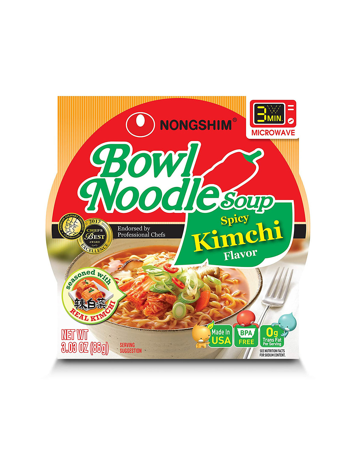 Order Nong Shim Kimchi Noodle Soup Bowl  food online from Chevron Extramile store, Los Angeles on bringmethat.com