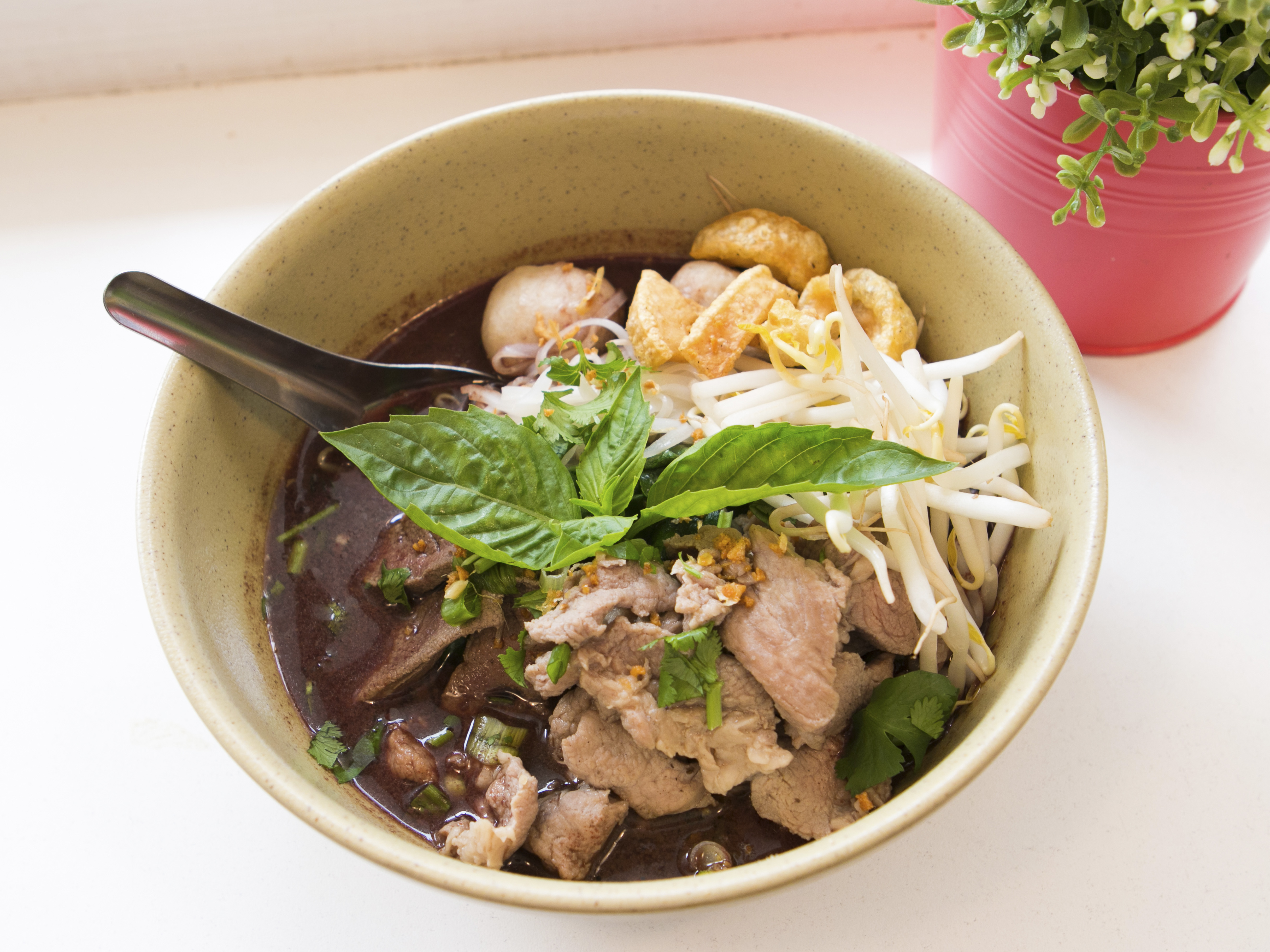 Order Nam Tok Moo Noodle Soup food online from Dek Sen store, Elmhurst on bringmethat.com