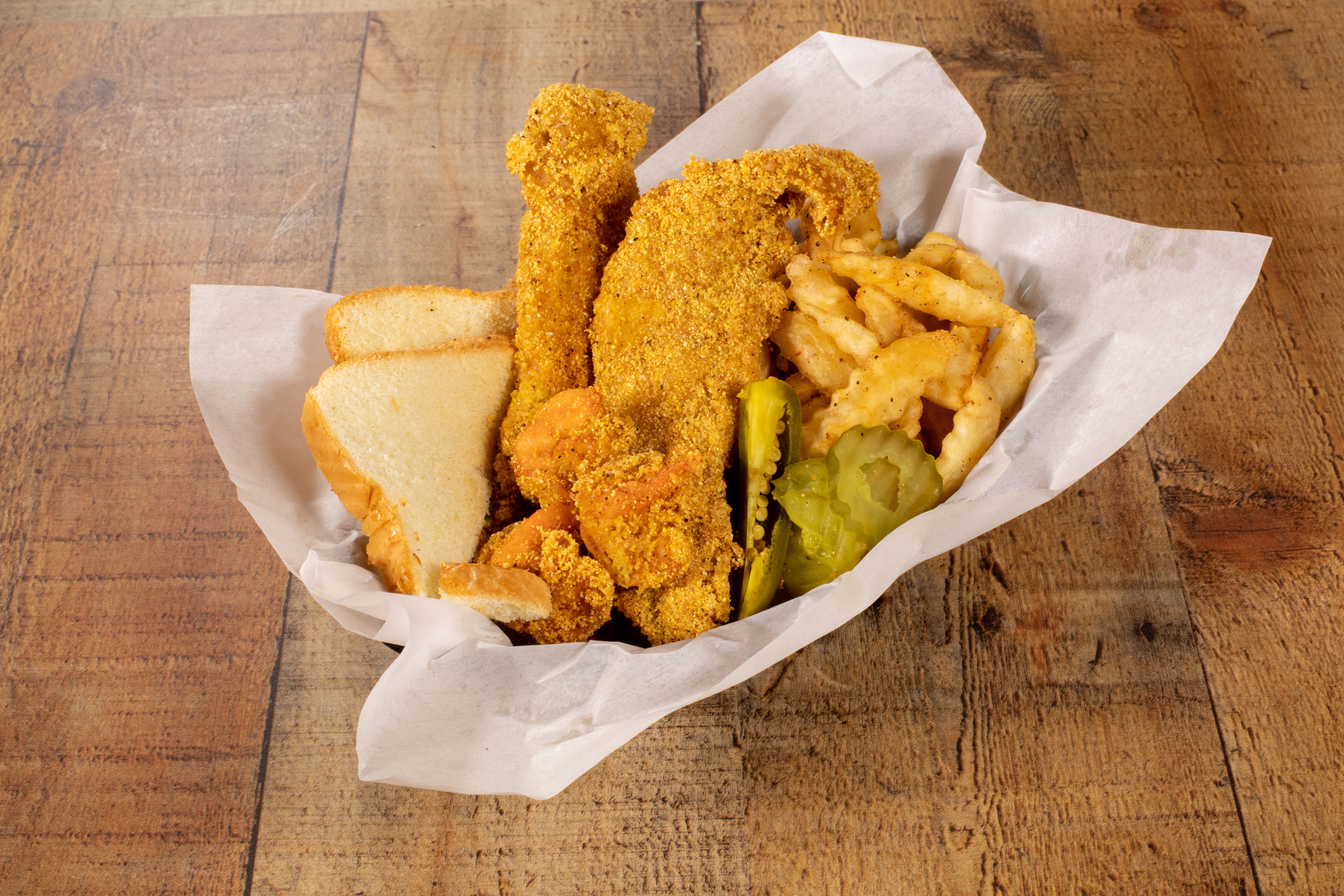 Order Fish and Shrimp Basket food online from Pt's Fried Chicken store, Dallas on bringmethat.com